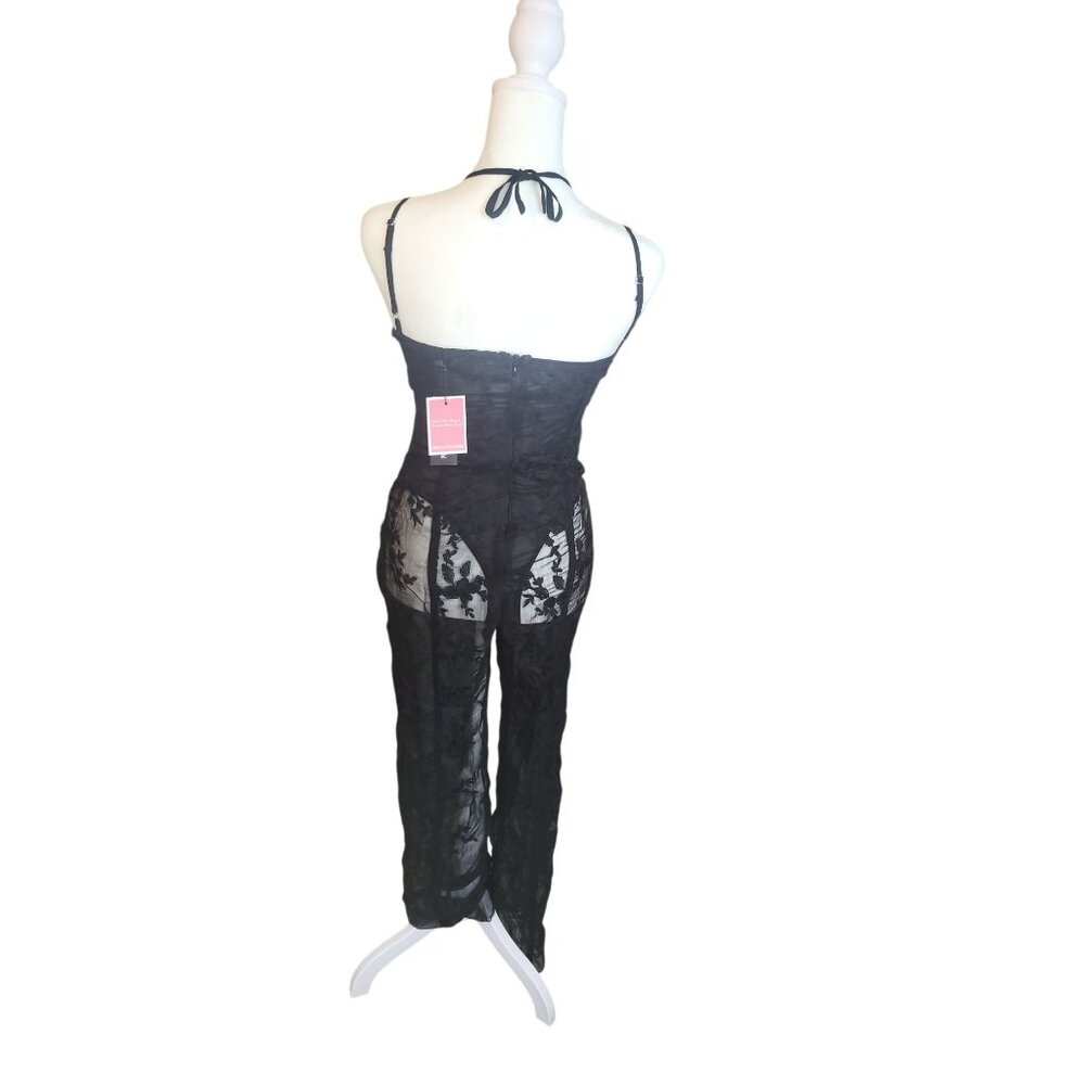 PrettyLittleThing Black Lace Binding Detail Strappy Sheer Jumpsuit Size 4 - Picture 3 of 8